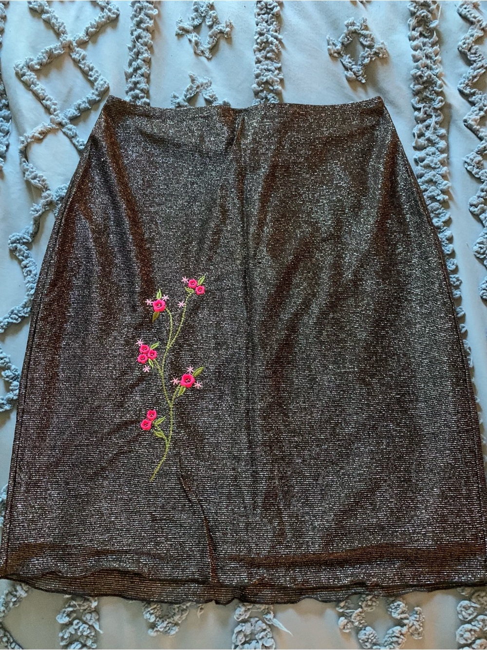 XOXO Metallic Silver Black Pencil Skirt with Pink Floral Embroidery
